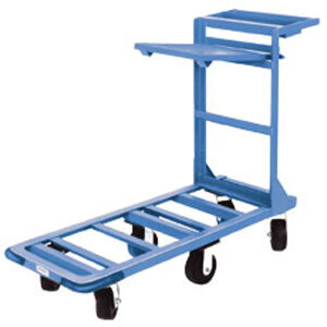 A blue metal Winholt utility cart with black rubber wheels and a shelf.