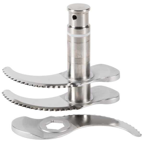 A Robot Coupe stainless steel coarse serrated blade assembly with a screw.