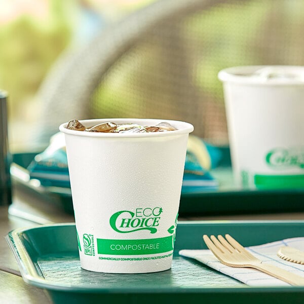 A tray with a white EcoChoice compostable cold cup with a green logo filled with ice coffee and a wooden fork on a napkin.