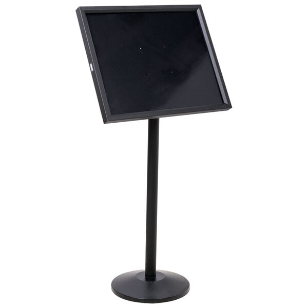 A black single pedestal sign board with a black stand and base holding a black sign.
