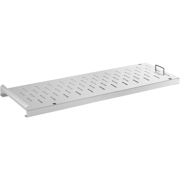 An aluminum rectangular shelf with holes and a handle.