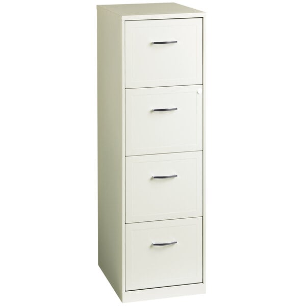 A Hirsh Industries white file cabinet with silver handles.