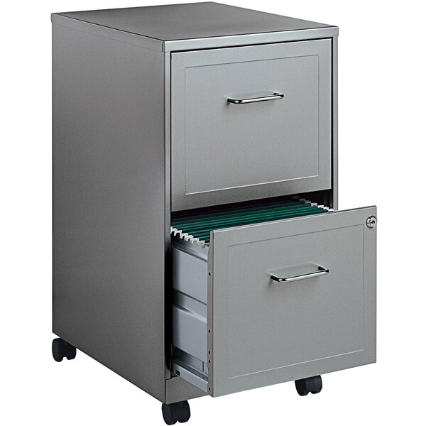 A Hirsh Industries two-drawer vertical file cabinet with wheels and one drawer open.