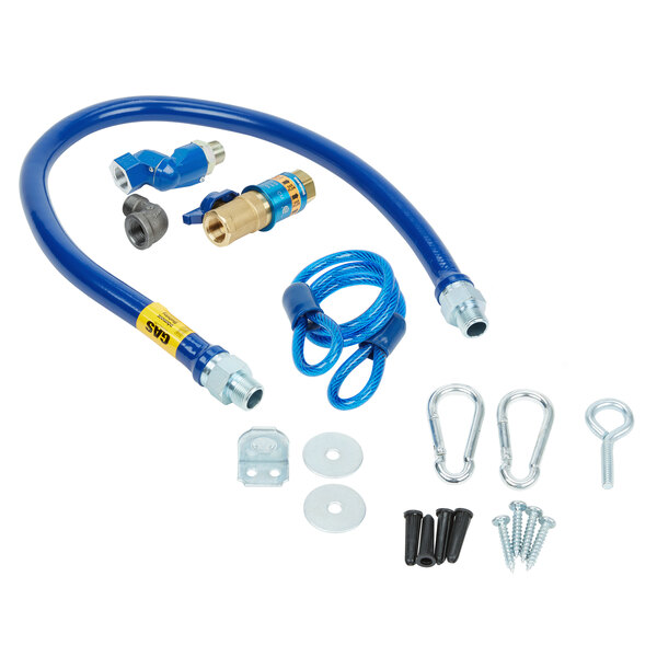 A blue Dormont gas connector hose kit with a couple of connectors and screws.