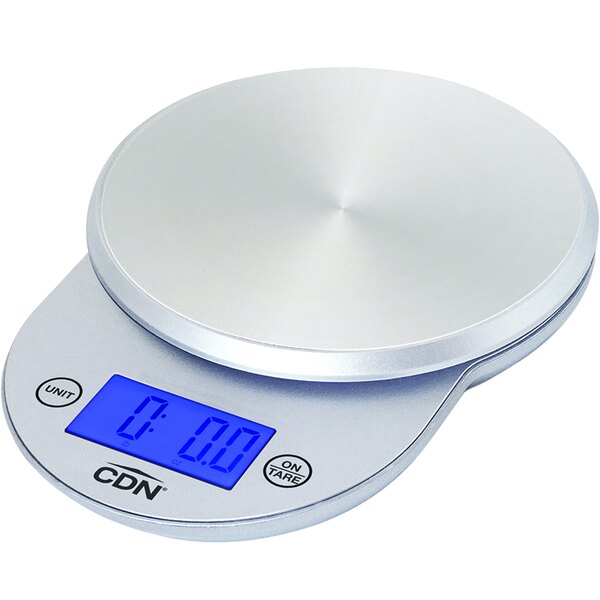 A silver CDN digital portion scale with a blue display.
