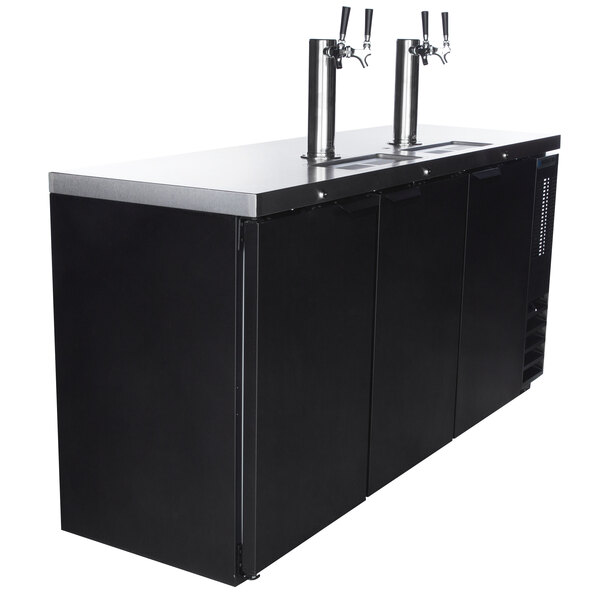 A black Beverage-Air beer dispenser with two silver taps on a bar counter.