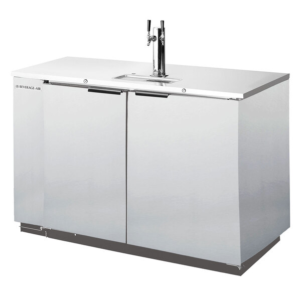 A stainless steel Beverage-Air kegerator with a tap