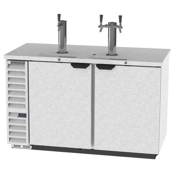 A Beverage-Air stainless steel kegerator with two taps.