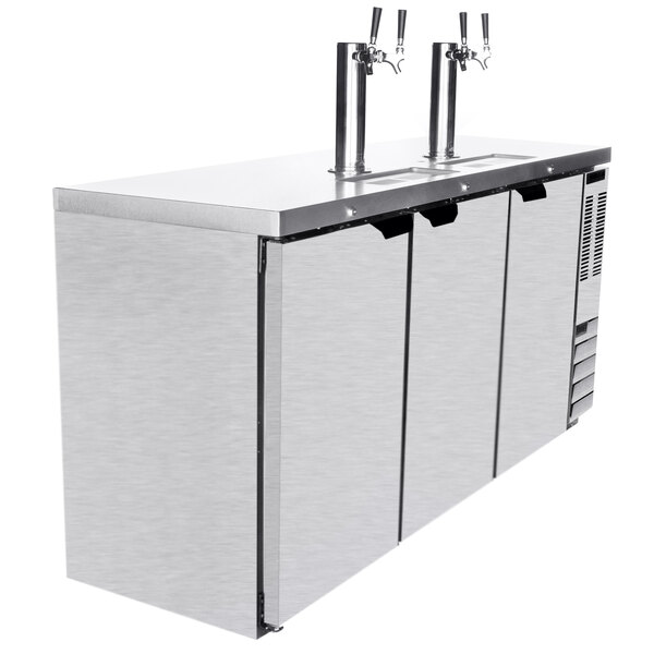A stainless steel Beverage-Air beer dispenser with three taps on a counter.