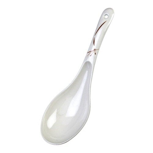 A white spoon with a bamboo design on the handle.