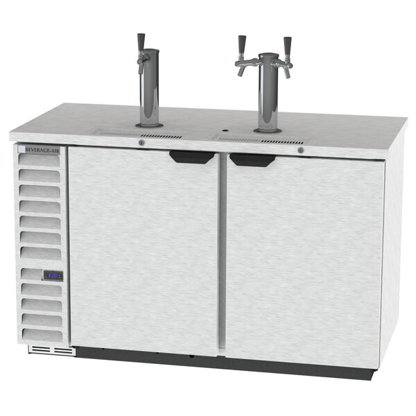 A Beverage-Air stainless steel kegerator with three beer taps.