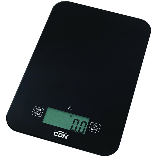 A black CDN digital kitchen scale with a digital display.