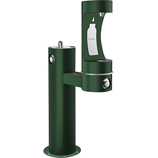 An Evergreen Elkay bi-level water fountain with a bottle filler and white label.