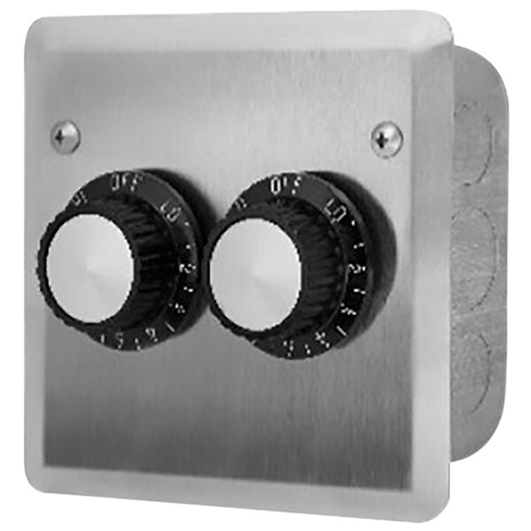 A white rectangular metal box with a stainless steel plate and two black dials.