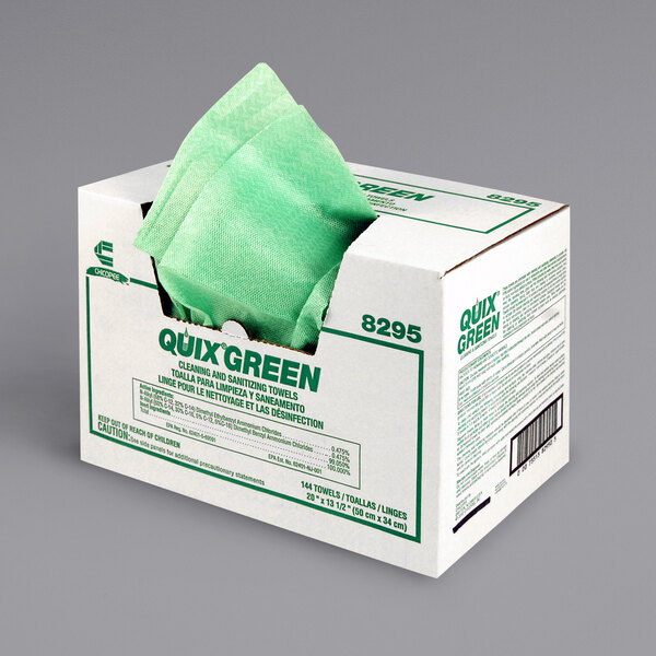 A case of green Chicopee Quix foodservice towels.