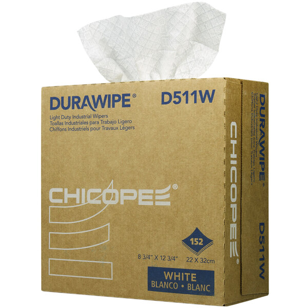 A white box of Chicopee Durawipe industrial wipers.