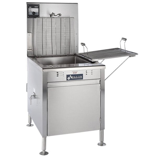 An Avalon Manufacturing stainless steel deep fryer with a lid open.