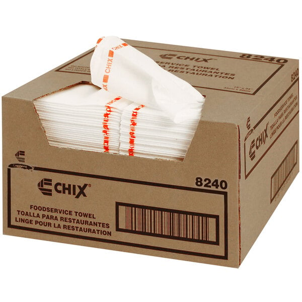 A box of white foodservice towels with red writing on them.