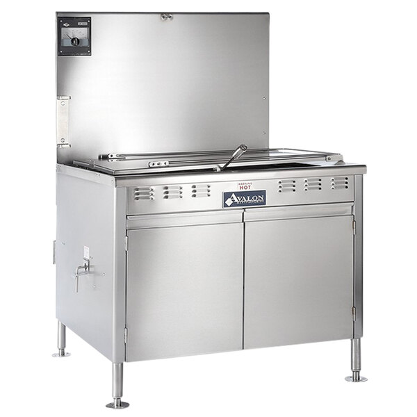 An Avalon Manufacturing stainless steel liquid propane donut fryer with a metal panel.