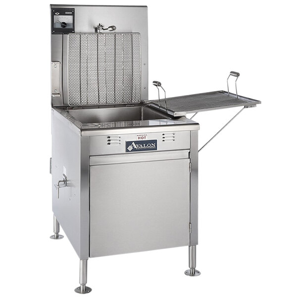 An Avalon Manufacturing stainless steel natural gas flat bottom donut fryer with a lid open.