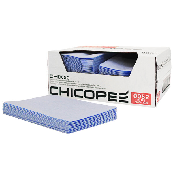 A box of blue Chicopee foodservice towels.