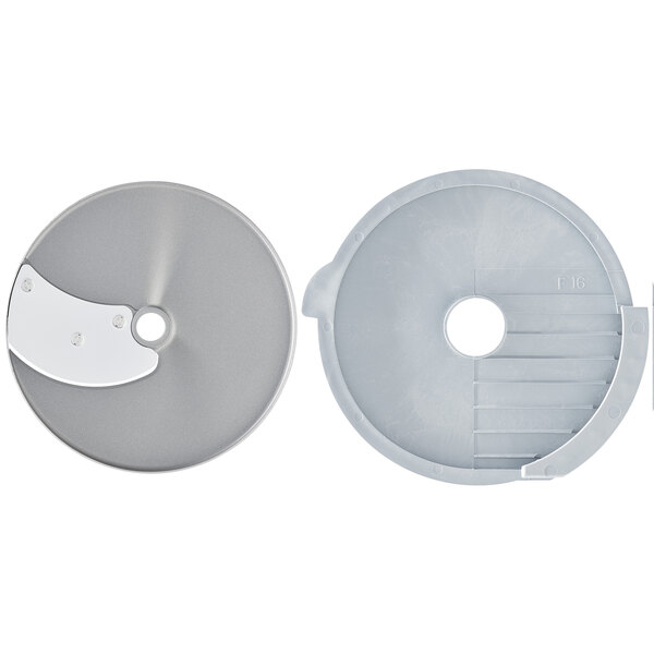 A white plastic disc with silver blades.