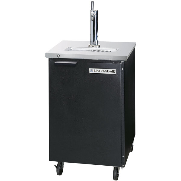 A black Beverage-Air beer dispenser with a silver handle on wheels.