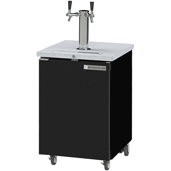 A black Beverage-Air kegerator with a double beer tap.