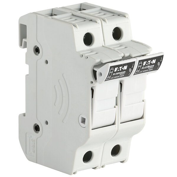A white Avantco fuse holder with black and white labels and two terminals with holes.