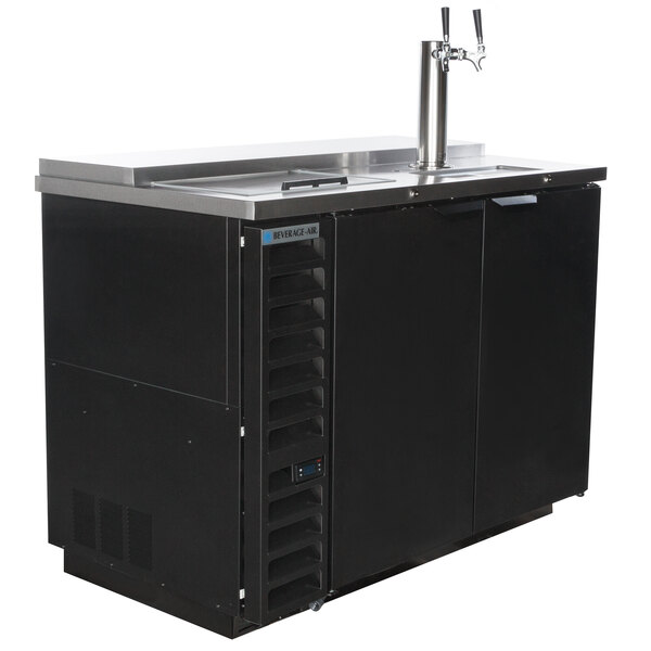 A black Beverage-Air beer dispenser with a silver top and two taps.