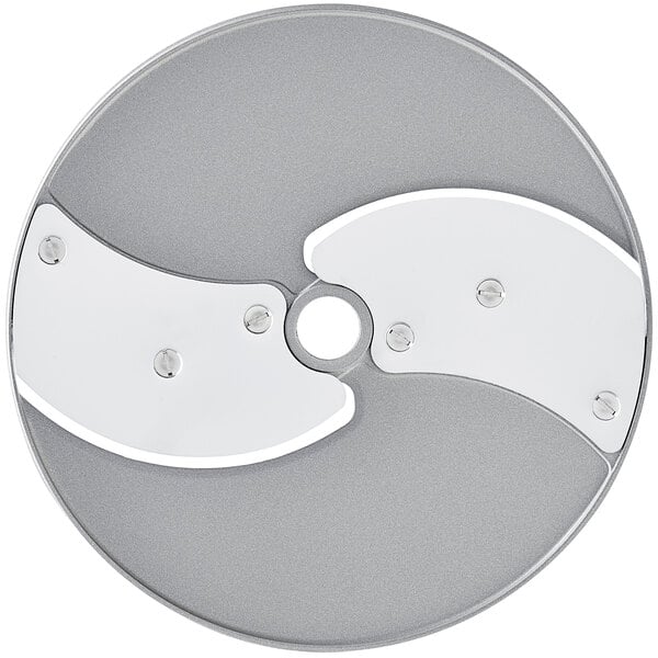 A Robot Coupe 1/8" Slicing Disc, a circular metal disc with two holes in it.