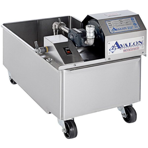 An Avalon oil filter machine with a stainless steel tank and casters.