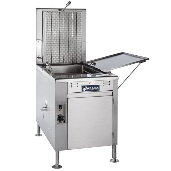 An Avalon Manufacturing stainless steel liquid propane tube donut fryer with a lid open.