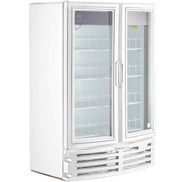 A white Beverage-Air Marketeer refrigerated merchandiser with glass doors.