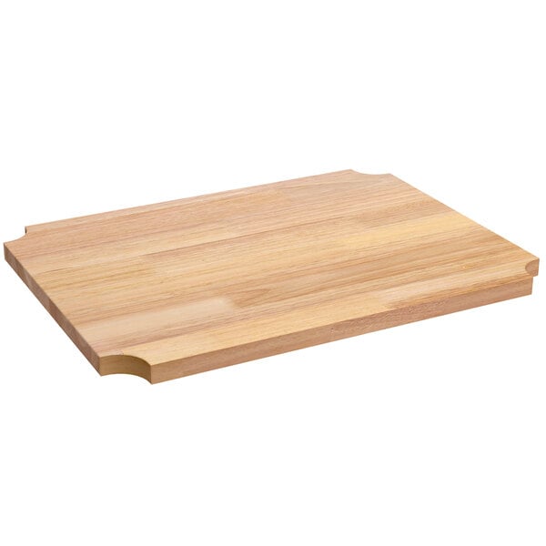 A Regency hardwood cutting board insert for wire shelving with curved edges.