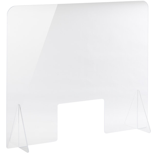 A Tablecraft clear acrylic freestanding countertop safety shield with two legs and a window.