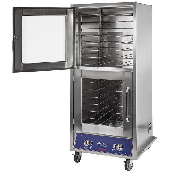 An Avalon Manufacturing stainless steel proofing cabinet with a door open.