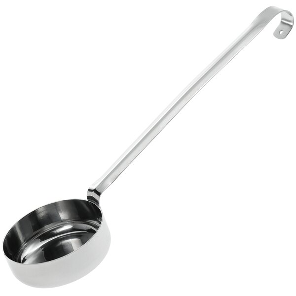 A silver stainless steel GI Metal flat bottom ladle with a long handle.