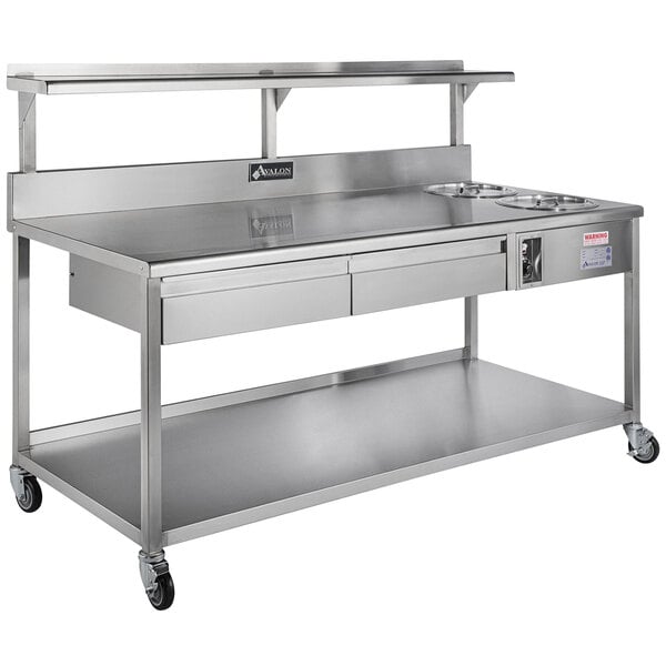 A stainless steel work table with a drawer.