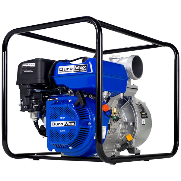 A blue and black DuroMax gasoline engine water pump sitting in a metal frame.
