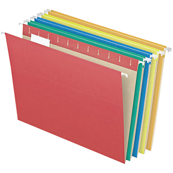 A row of Pendaflex assorted color hanging folders with red and yellow tabs.
