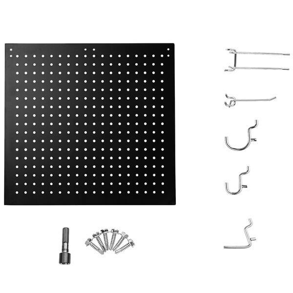 A black square National Public Seating pegboard with screws in the holes.