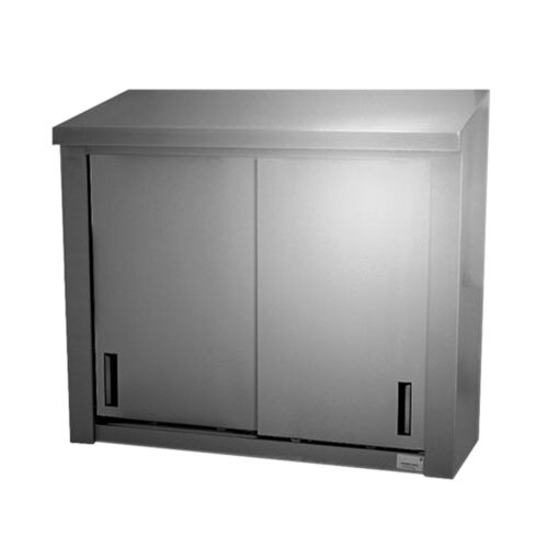 An Advance Tabco stainless steel wall cabinet with sliding doors.