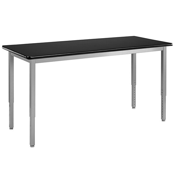 A black rectangular National Public Seating science lab table with silver metal legs.