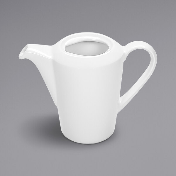 A white porcelain coffee pot with a handle.