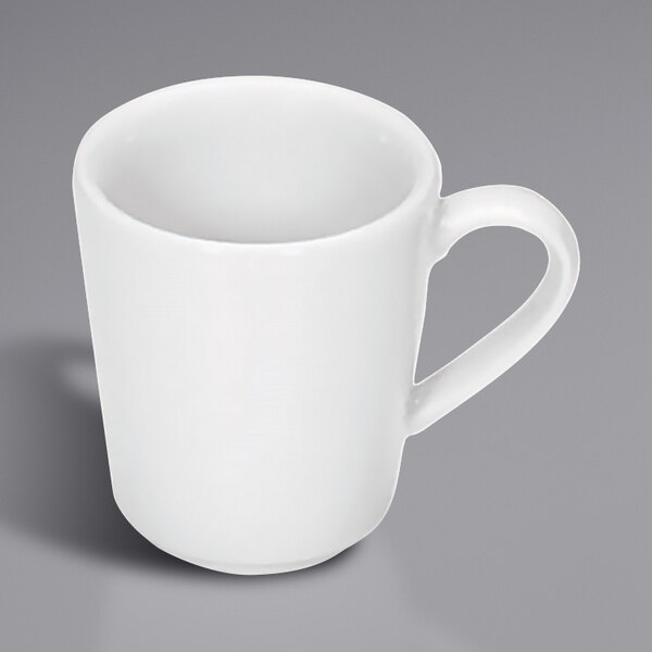 A Bauscher bright white tall espresso cup with a handle.