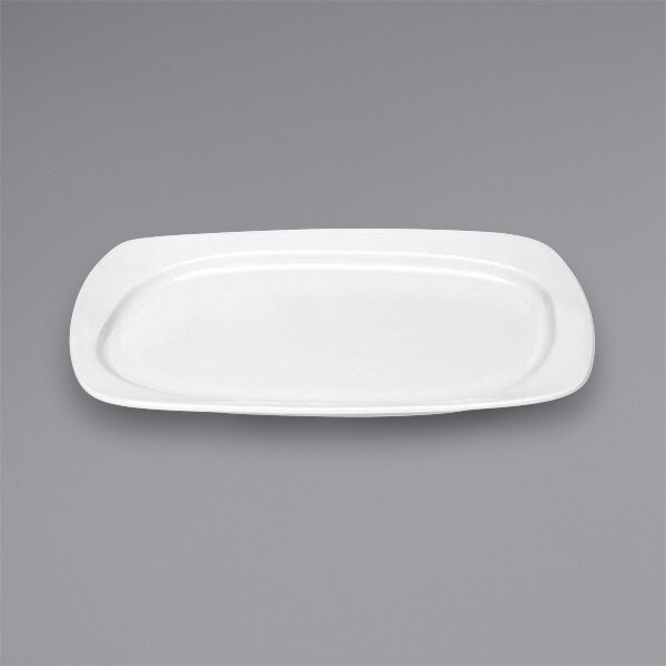 A Bauscher bright white rectangular porcelain platter with a wide rim.