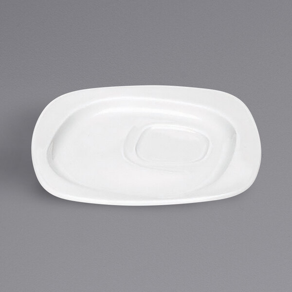 A Bauscher bright white square porcelain saucer with a square shape.