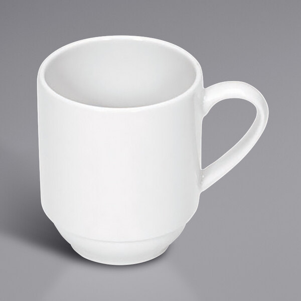 A Bauscher bright white mug with a handle.