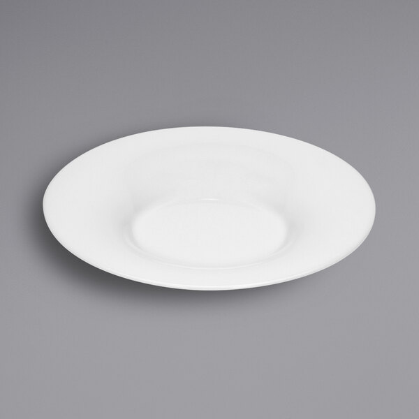 A Bauscher bright white porcelain deep plate with a wide rim on a white background.